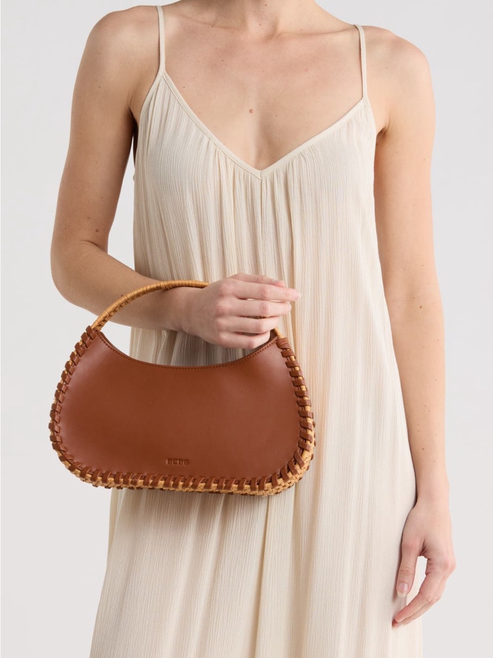 BCBG Brown Woven-Trim Mini Shoulder Bag